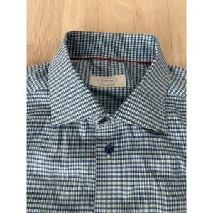 ETON Blue Green Check Striped Cotton Dress Shirt Size 17 43 Contemporary Fit